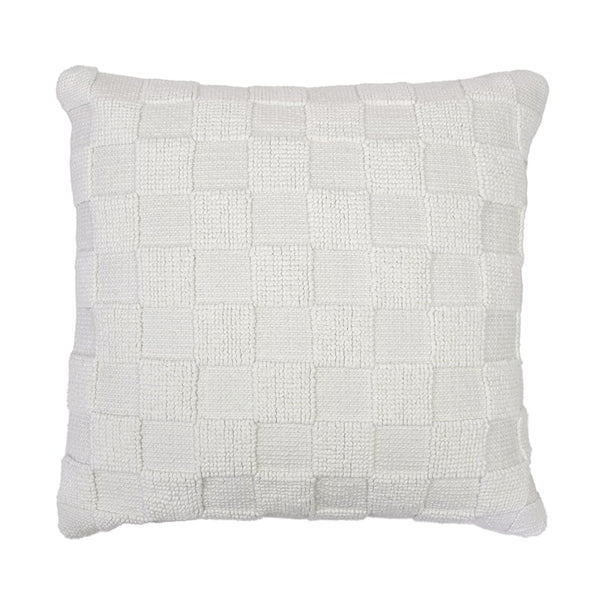 Front details of a sophisticated ivory cushion made from 100% cotton with checkerboard pattern. Features removable fill, machine washable for easy care.
