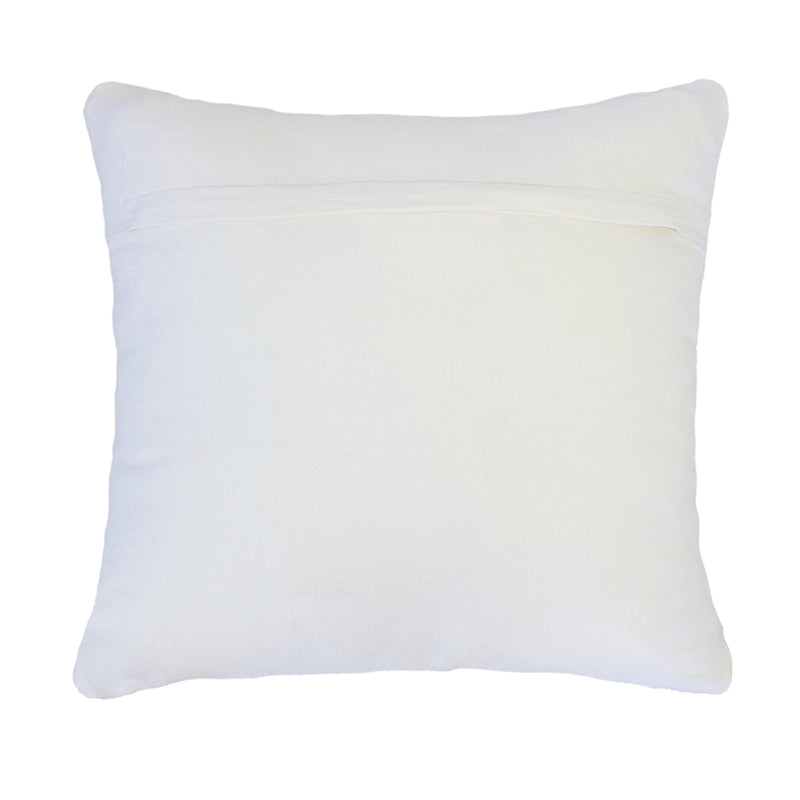 Back details of a sophisticated ivory cushion made from 100% cotton with checkerboard pattern. Features removable fill, machine washable for easy care.