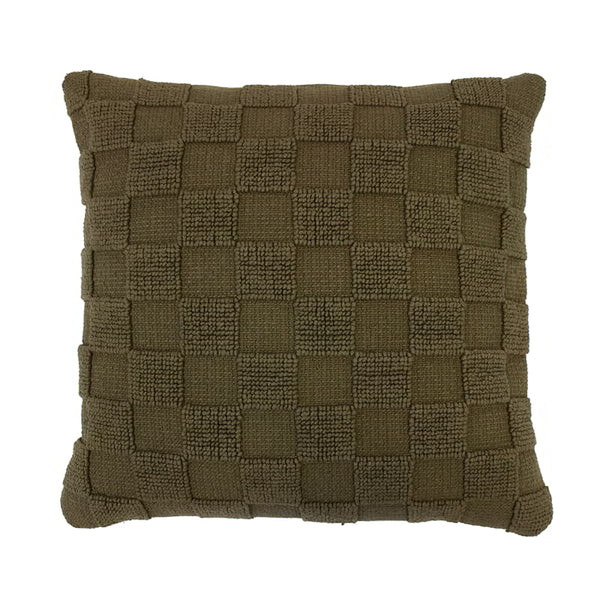 Front details of a sophisticated olive cushion made from 100% cotton with checkerboard pattern. Features removable fill, machine washable for easy care.
