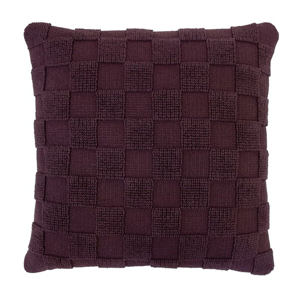 Front details of a sophisticated maroon cushion made from 100% cotton with checkerboard pattern. Features removable fill, machine washable for easy care.