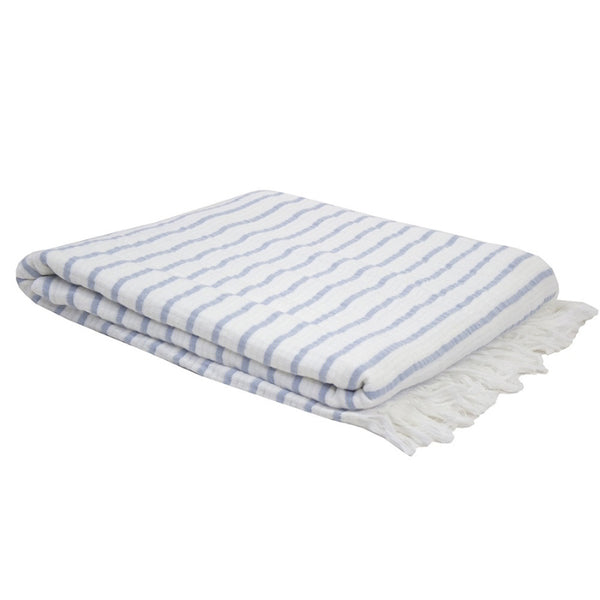alt="Striped white and blue throw with fringe at both ends."