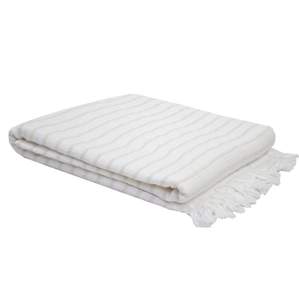 alt="Striped white and natural throw with fringe at both ends"