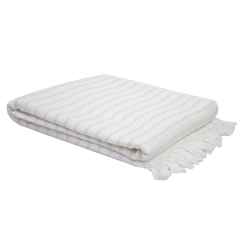 alt="Striped white and natural throw with fringe at both ends"