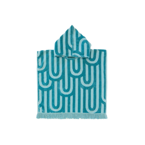 HiLo Arcade Blue hooded  poncho for kids, ideal for beach or pool use, showcasing a whimsical design and cosy texture.