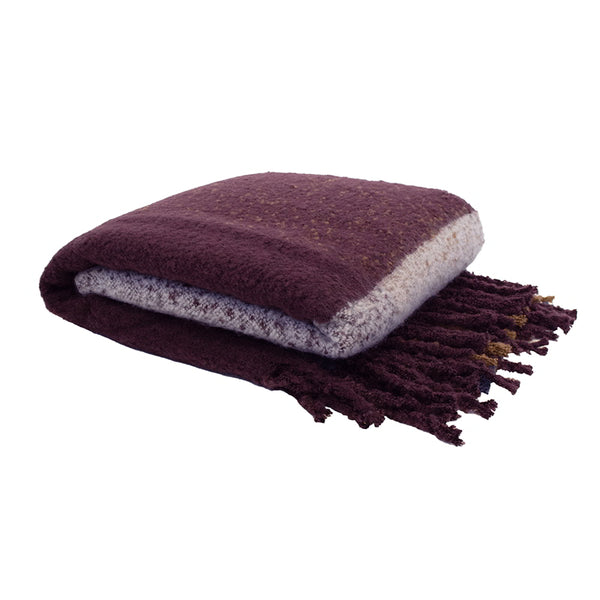 Luxurious burgundy and white throw with large check pattern, extra-long size, soft like mohair, tassels on both ends, machine washable.