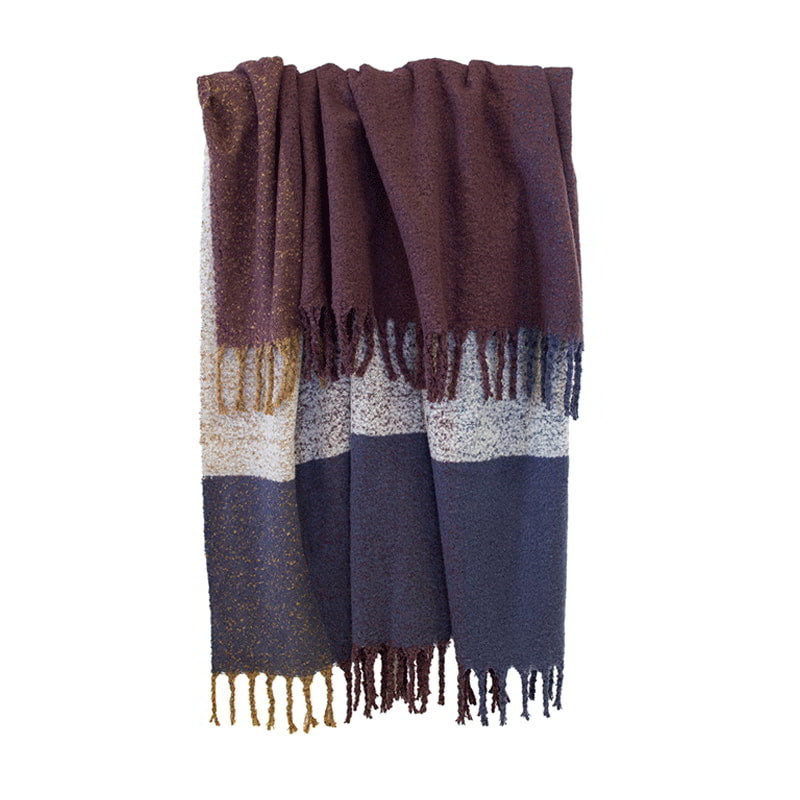 Stylish burgundy and white throw, extra-long with tassels, soft like mohair, machine washable, beautiful large check pattern.