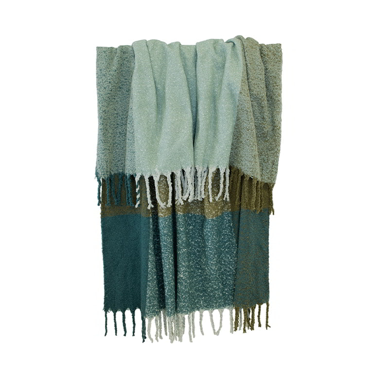 Stylish shade of green throw, extra-long with tassels, soft like mohair, machine washable, beautiful large check pattern.