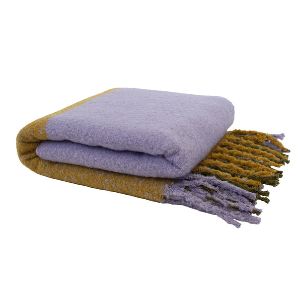 Luxurious purple and yellow throw with large check pattern, extra-long size, soft like mohair, tassels on both ends, machine washable.