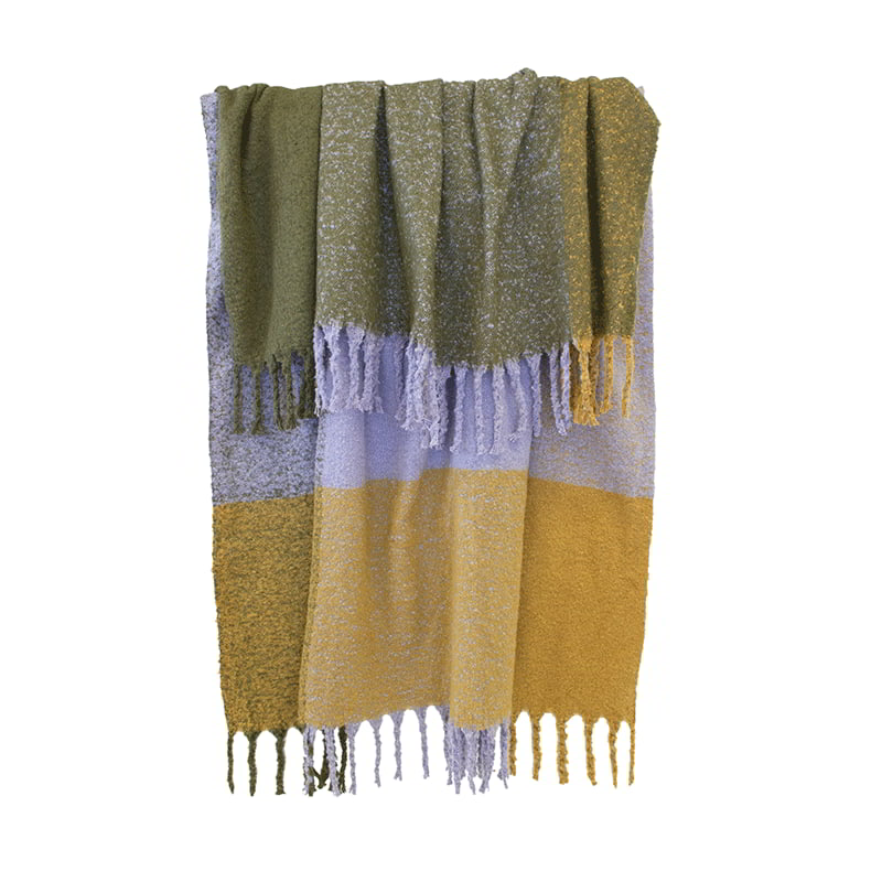 Stylish purple and yellow throw, extra-long with tassels, soft like mohair, machine washable, beautiful large check pattern.