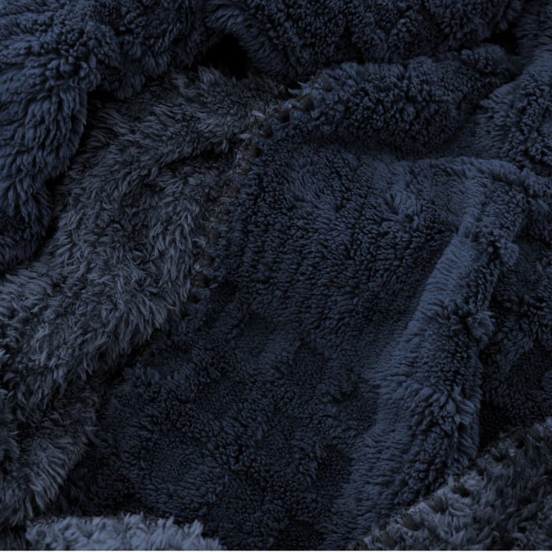 Close-up of navy plush sherpa fleece texture showing softness and depth