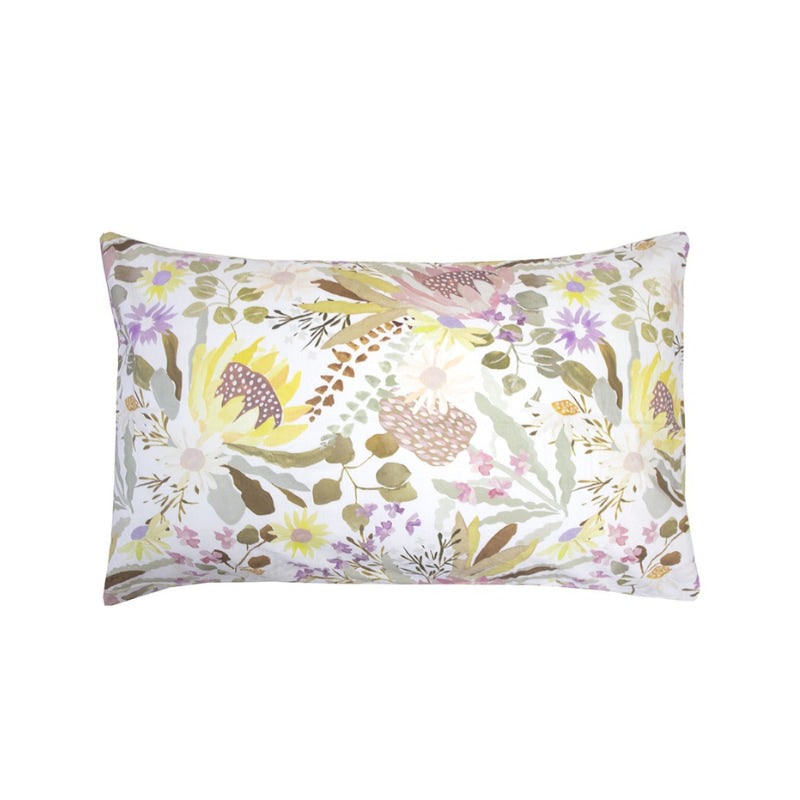 alt="A hand-painted, digitally printed pillowcase designed with a smaller scale floral print on the reverse inspired by the striking foliage of Australian flora"