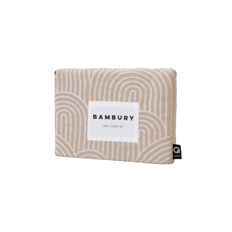 Elegant packaging of the brown quilt cover set, enhancing the cosy atmosphere of a beautifully decorated bedroom.