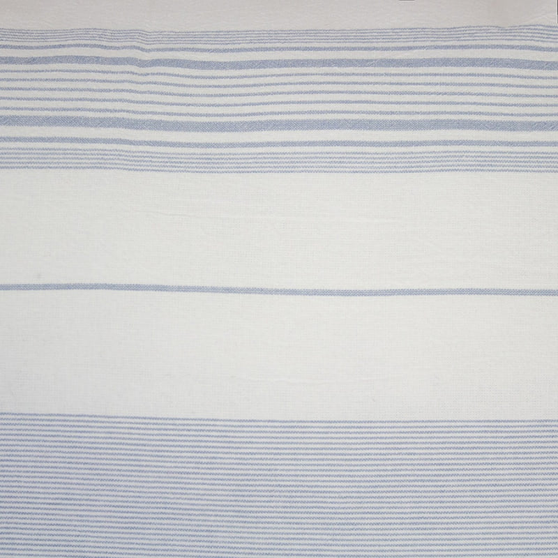 alt="Close-up view of a fabric designed with a clean white base and nautical blue woven stripes"