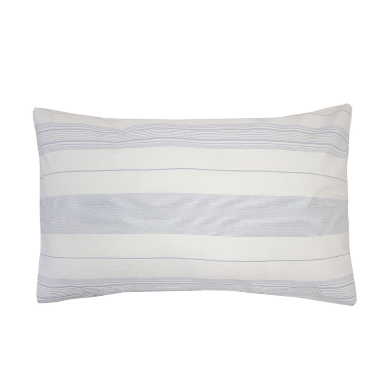 alt="A versatile stripe pilowcase designed with a clean white base and nautical blue woven stripes"