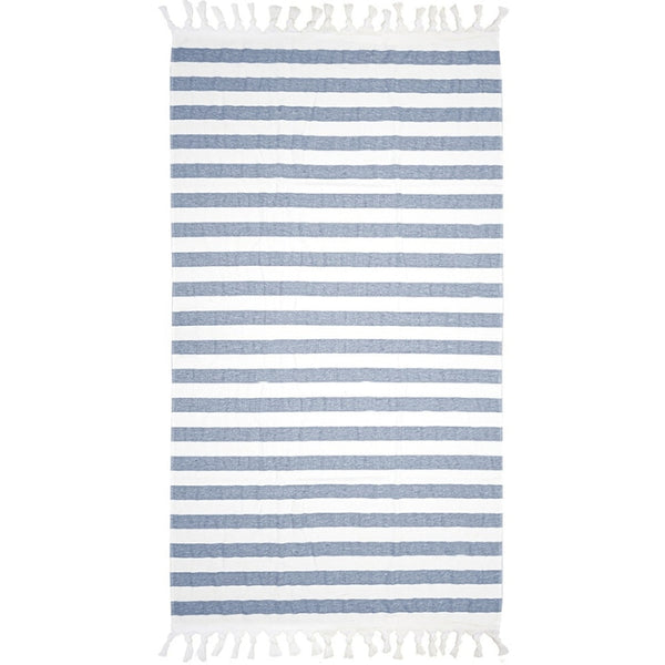 alt="A classic two-tone white and blue stripe pattern with a playful knotted tassels along both ends"