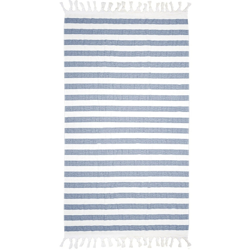 alt="A classic two-tone white and blue stripe pattern with a playful knotted tassels along both ends"
