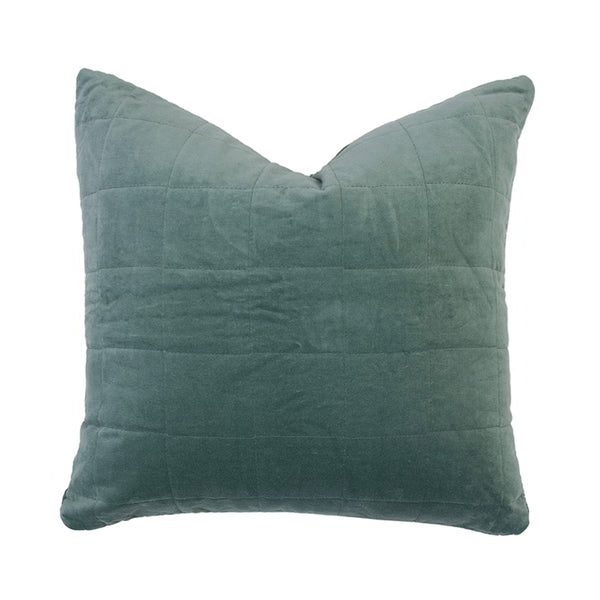 Luxurious green cushion features gorgeous cotton velvet with quilted square pattern.