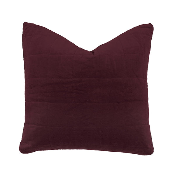 Luxurious maroon cushion features gorgeous cotton velvet with quilted square pattern.