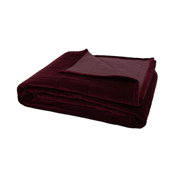 Maroon cotton velvet throw with quilted square pattern, coordinating cushion available and, machine washable.