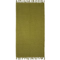 alt="A stylish moss green beach towel with a small check pattern achieved through a series of high and low sections of towelling finished with a beautiful fringe along the ends"