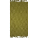 alt="A stylish moss green beach towel with a small check pattern achieved through a series of high and low sections of towelling finished with a beautiful fringe along the ends"
