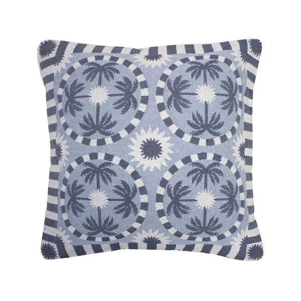 alt="A light blue and dark blue designed with palm tree pattern square cushion"