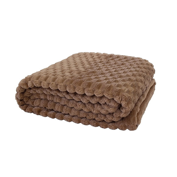 Soft and cosy brown Patton throw with fluffy pile, checkers pattern, and coordinating plain reverse side.