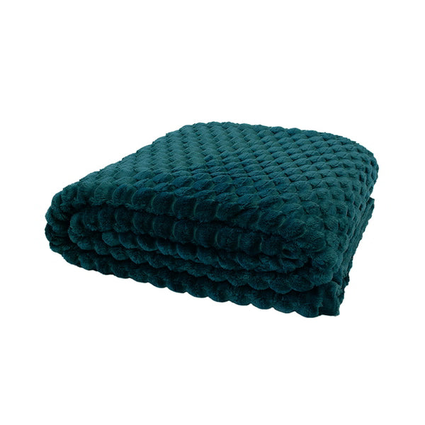 Soft and cosy teal throw with fluffy pile, checkers pattern, and coordinating plain reverse side.