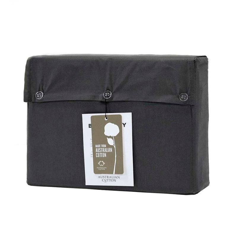 alt=Back view of a beautiful set of charcoal cotton sheet set in packaging with tag"