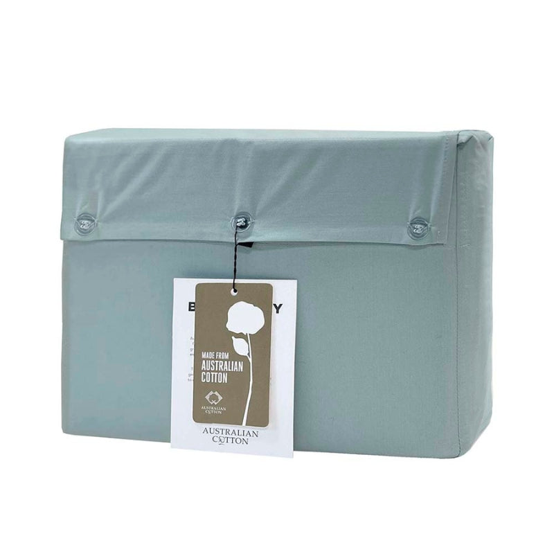 alt=Back view of a beautiful set of light blue cotton sheet set in packaging with tag"