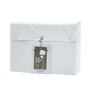alt=Back view of a beautiful set of white cotton sheet set in packaging with tag"