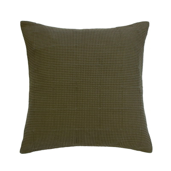 Front details of a soft cotton waffle fabric european pillowcase in olive green with quilted square pattern, adding texture and warmth to your space.