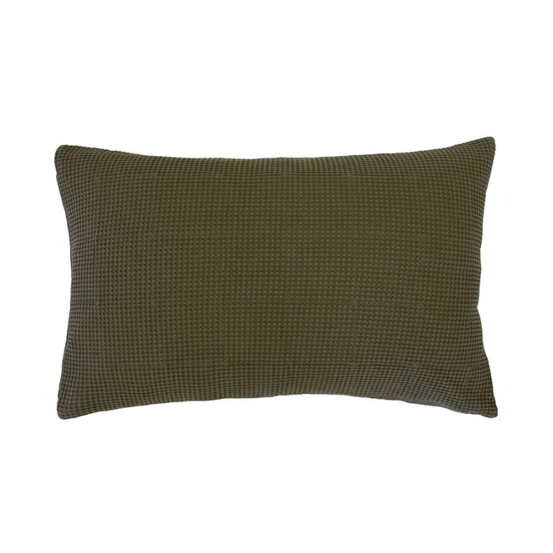 Front details of our olive green pillowcase, made from soft cotton waffle fabric with a quilted square design.
