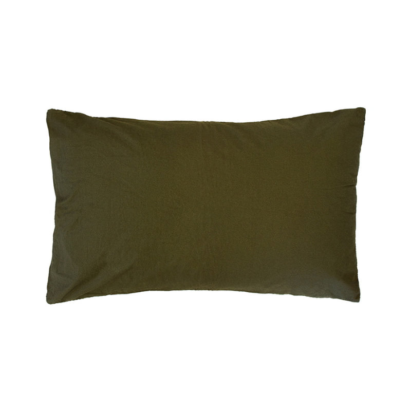 Back details of our olive green pillowcase, made from soft cotton waffle fabric with a quilted square design.