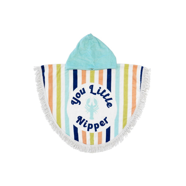 A vibrant hooded poncho towel for kids, designed for warmth and sun protection during water activities.