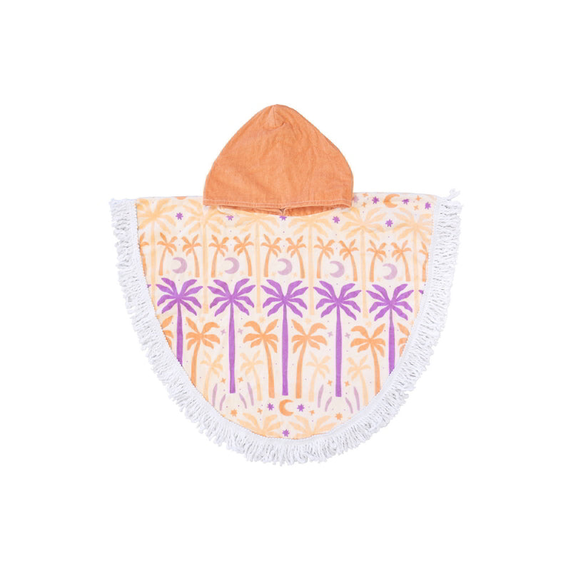 A colourful kids poncho featuring palm trees and a hood, designed for warmth and sun protection after swimming.