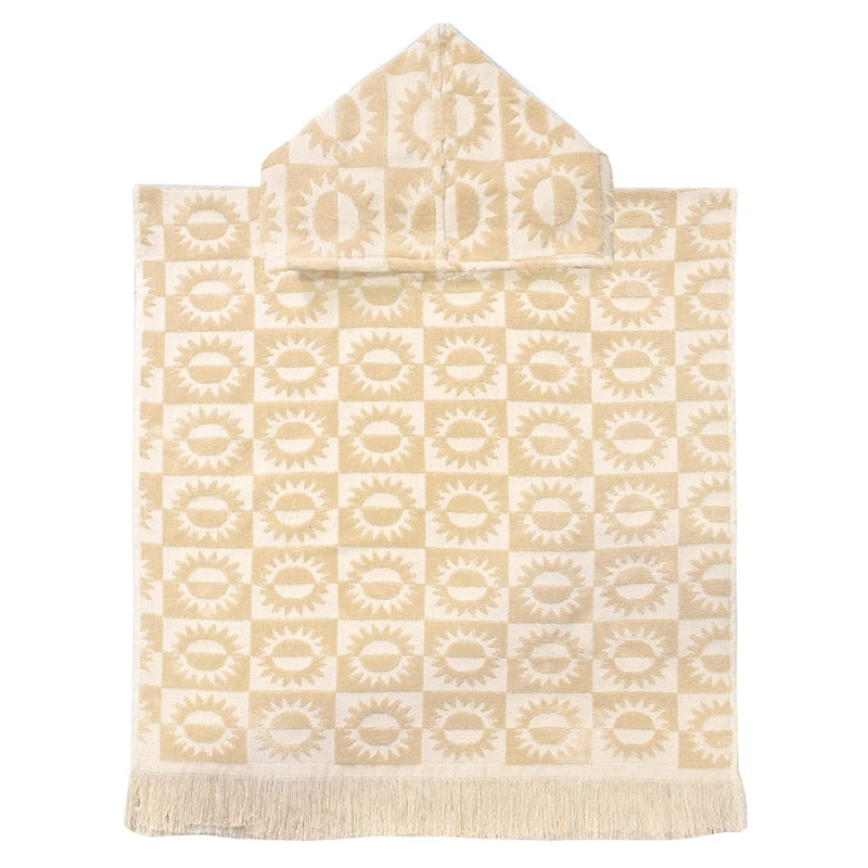 alt="Kids yellow poncho featuring a stylish sun pattern with knotted tassels along the ends"