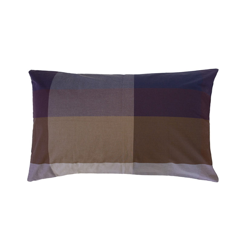 Front details of pillowcase in purple, navy, and beige tones. Contemporary design with a touch of sophistication. Made of high-quality cotton fabric.