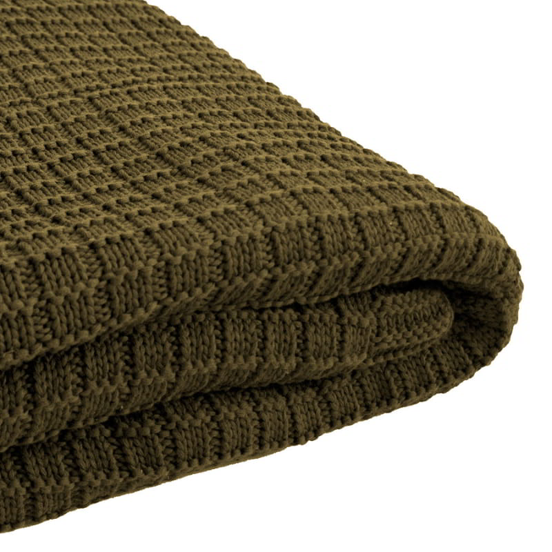 An olive green folded blanket with ribbed borders, designed in Australia by Bambury. Extra-long size for bed placement. Machine washable.