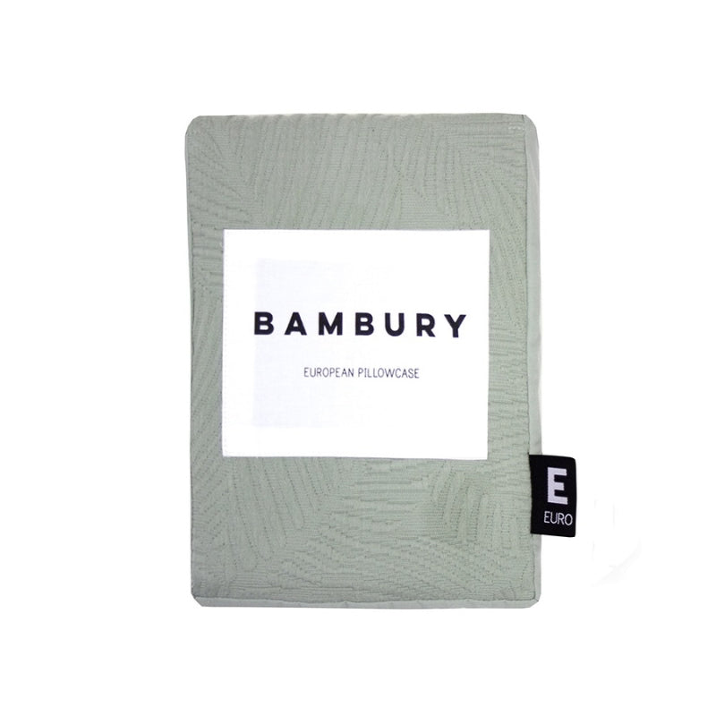 alt="A calming green tones european pillowcase featuring a subtle textural leaf pattern in a packaging"