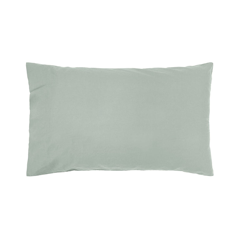 alt="Back of a plain soft green pillowcase"