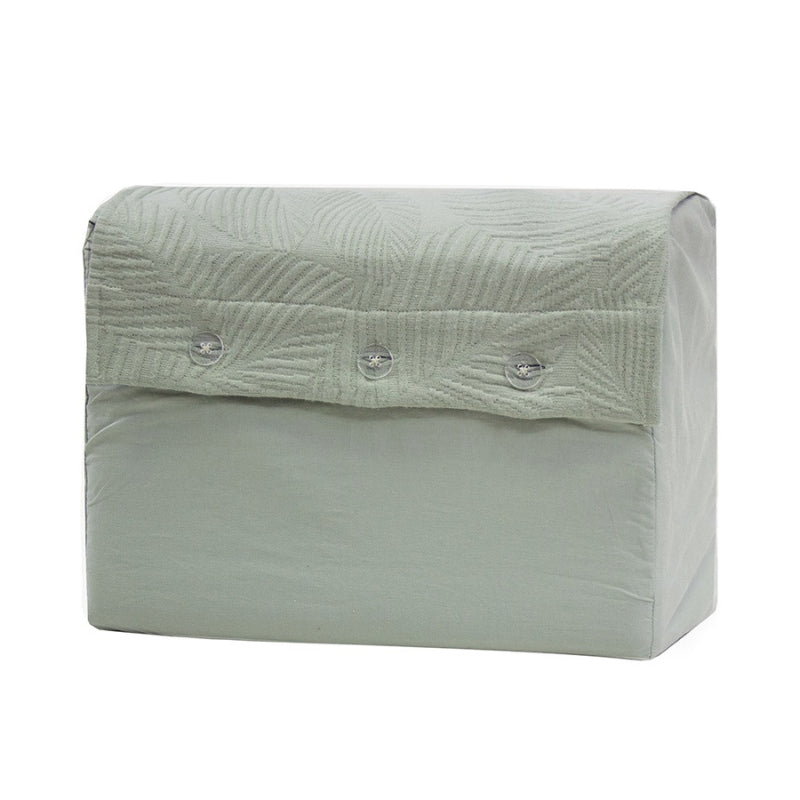 alt="A soft green tones quilt cover set featuring a subtle textural leaf pattern in a packaging"