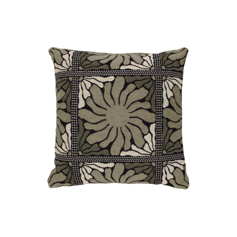 The Zinnia Moss Cushion features a floral pattern, perfect for adding comfort and style to any setting.