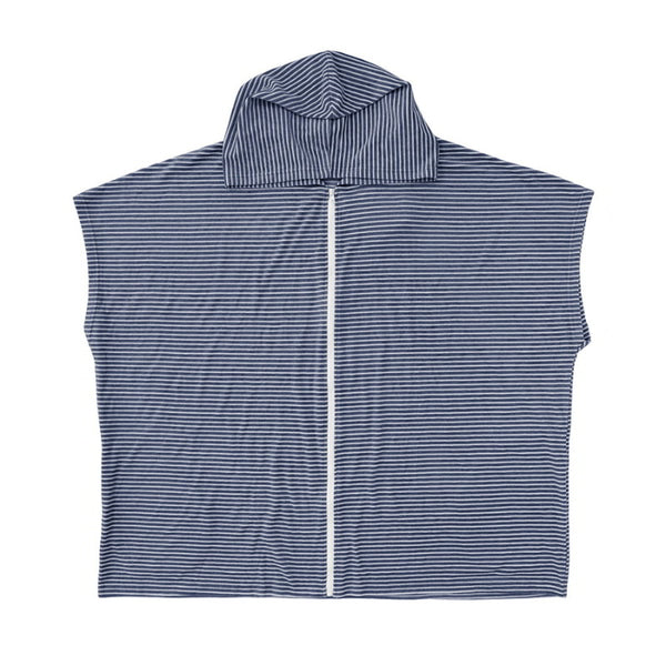 Striped hooded adult poncho in cotton-polyester blend, ideal for beachwear, featuring a zip, pockets, and lightweight design.