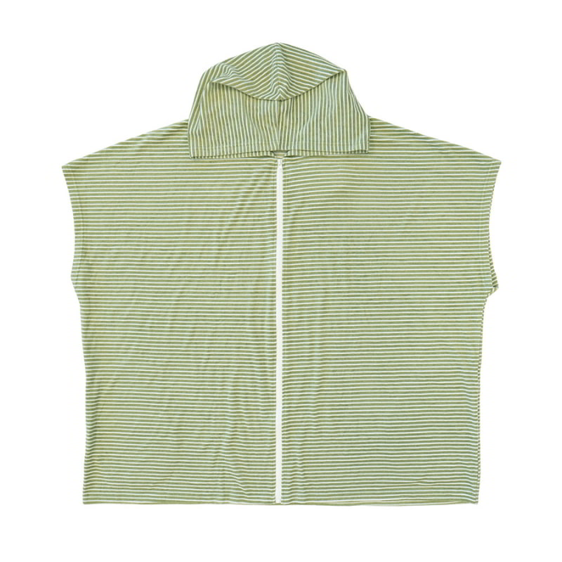 A green and white striped hooded poncho made of soft cotton terry, perfect for comfort after swimming or traveling.
