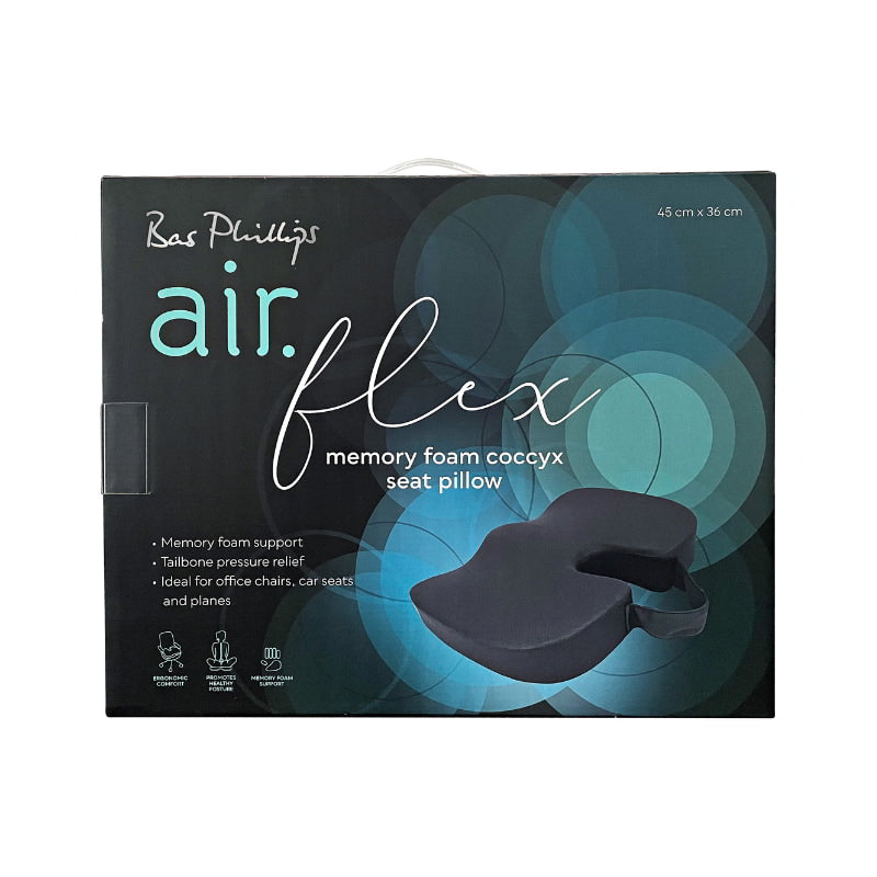 Packaging details of the memory foam seat support pillow, representing the Bas Phillips Airflex Pillow's tailored support for enhanced seating comfort.