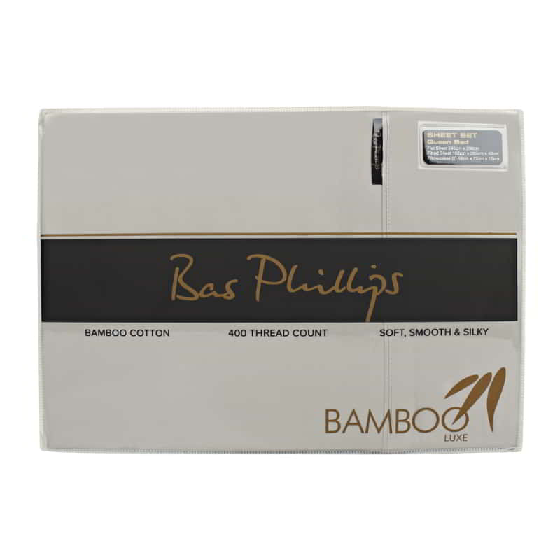 alt="Front packaging details of a silver bamboo cotton sheet set"
