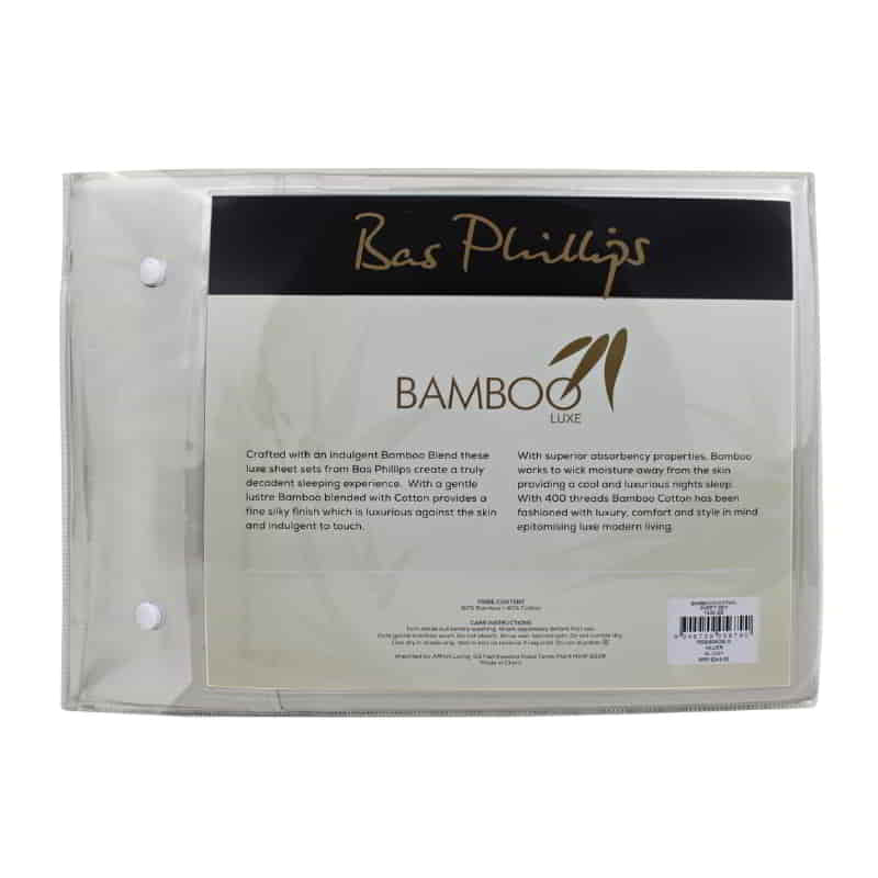 alt="Back packaging details of a silver bamboo cotton sheet set"