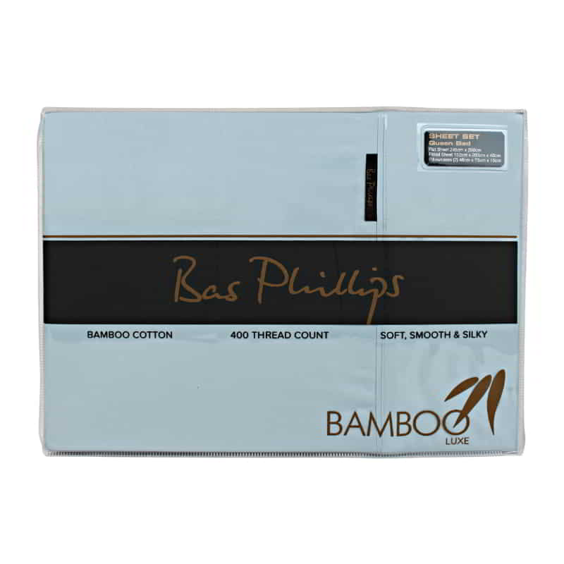 alt="Front packaging details of a powder blue bamboo cotton sheet set"