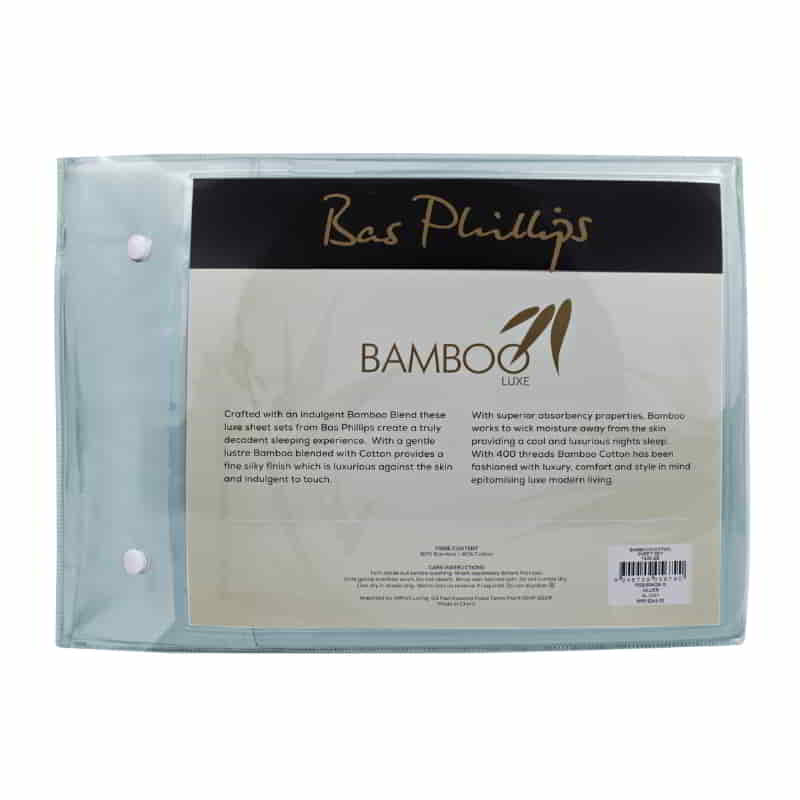 alt="Back packaging details of a powder blue bamboo cotton sheet set"